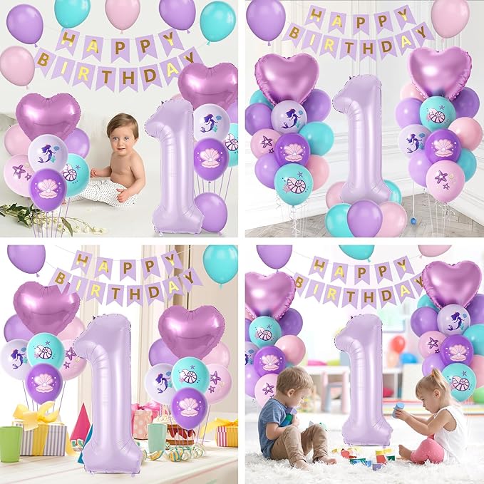 1st Mermaid Birthday Decorations for Girls, Purple Pink Teal Balloon with Mermaid Print Balloons Heart Foil Balloons Birthday Banner for 1 Year Old Under the Sea Theme Birthday Princess Party Supplies