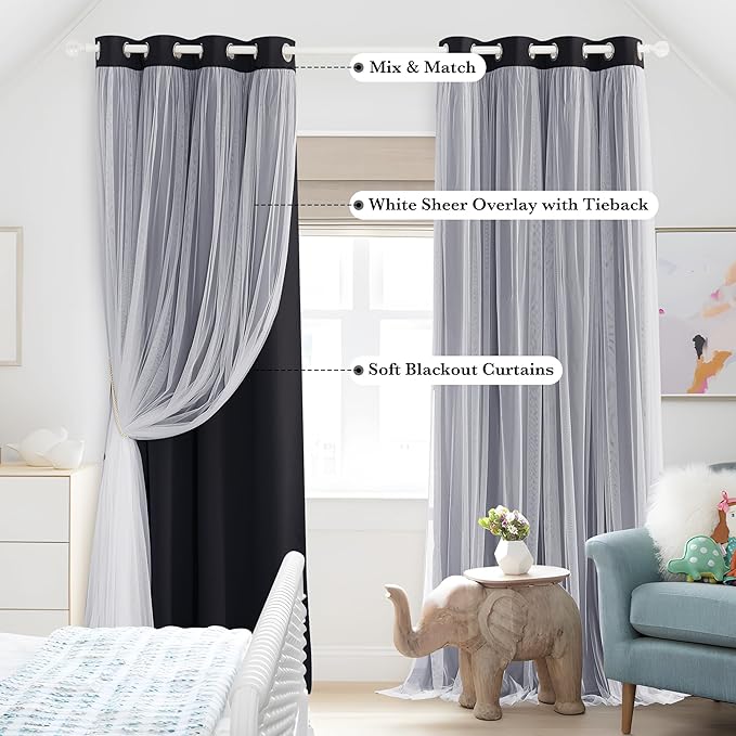 PONY DANCE Black Blackout Curtains for Living Bedroom with White Sheer Overlay Light Blocking Drapes for Kids Room Darkening with Tiebacks, cortinas para sala modernas (52x84 inches, Black, 2 Pieces)