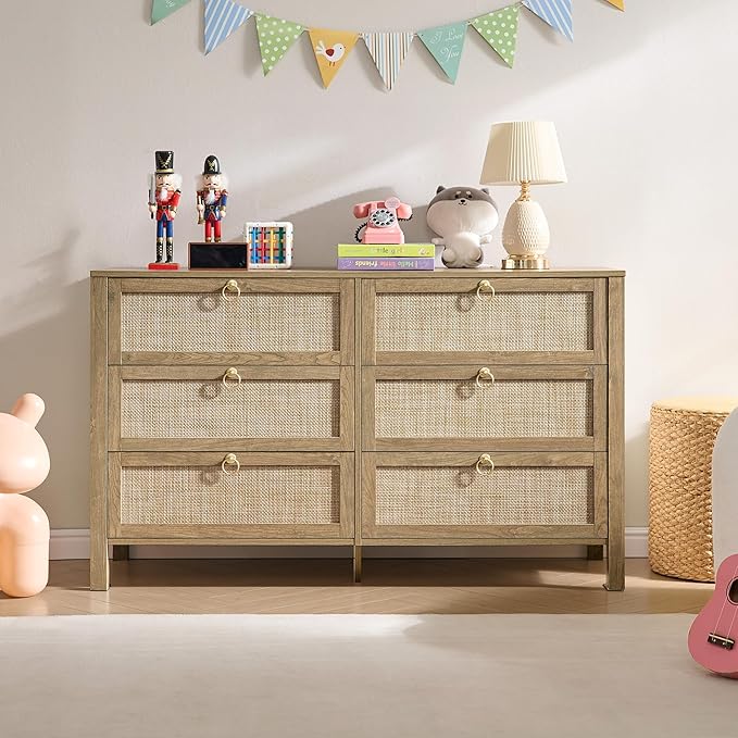 SICOTAS 6 Drawer Dresser for Bedroom - 2 Pieces 51" Wide Rattan Dressers Chest of Drawers for Closet, Larger Storage Cabinet Farmhouse Boho Dresser TV Stand for Living Room, Hallway (Carbon Cherry)