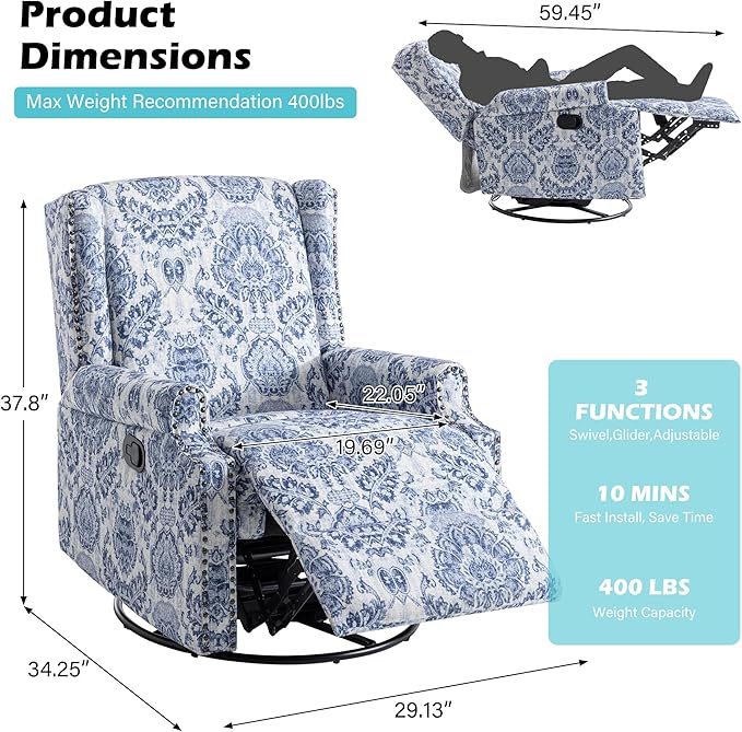 UIXE Floral Swivel Glider Recliner Chairs Set of 2, High Back Nursery Rocker Fabric Accent Chair for Living Room, Rivet Trim Upholstered Armchair Manual Reclining Sofa Seating - Navy Blue