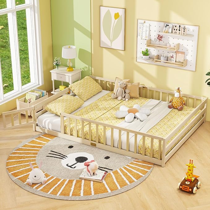 Giantex Queen Floor Bed with Door & Fence, Kids Wood Montessori Beds with Safety Guardrails, Floor Bed Twin for Kids, Boys, Girls, No Box Spring Needed, Natural