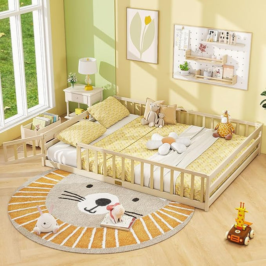 Giantex Queen Floor Bed with Door & Fence, Kids Wood Montessori Beds with Safety Guardrails, Floor Bed Twin for Kids, Boys, Girls, No Box Spring Needed, Natural