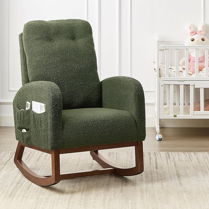 ONBRILL Rocking Chair Nursery, Rocking Chairs with Solid Wood Legs, Teddy Fabric, Glider Chair with Upholstered High Backrest, Nursery Chair for Living Room, Baby Room, Bedroom (Green)