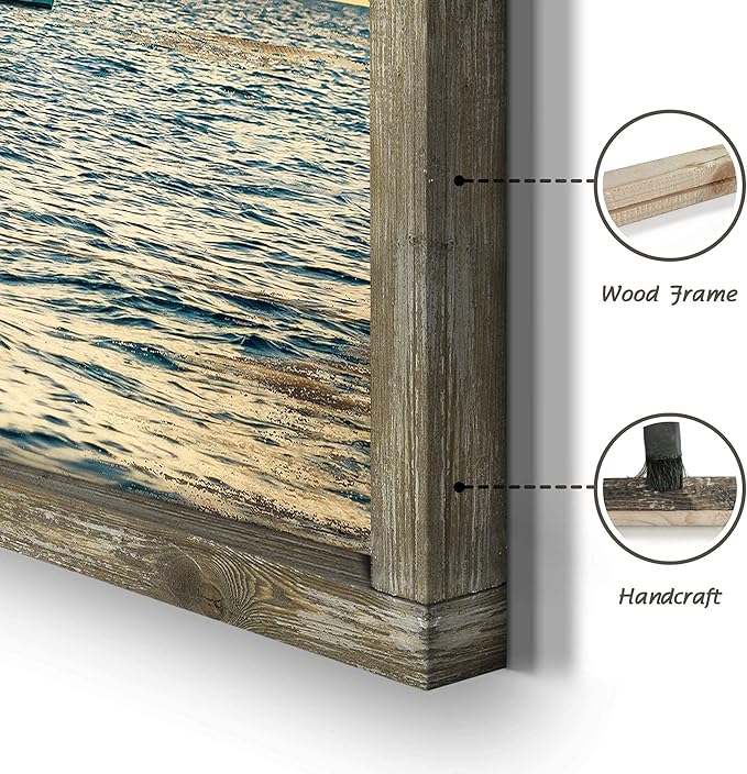 Seascape Framed Wooden Wall Art: 48"x24" Coastal Painting Art Sail Boats Artwork Decor Sunset Ocean Picture Prints for Living Room