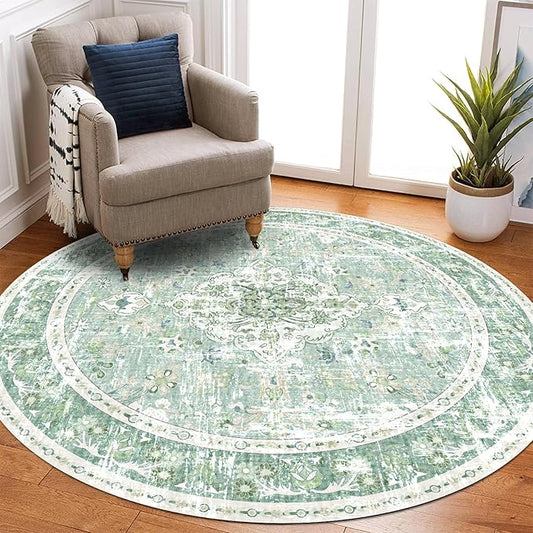 Vhong Washable Boho Area Rugs Vintage Modern Neutral Carpet Sage Green 5×5 High Traffic Round Rugs for Dinning Room Living Room Bedroom Farmhouse Non Slip