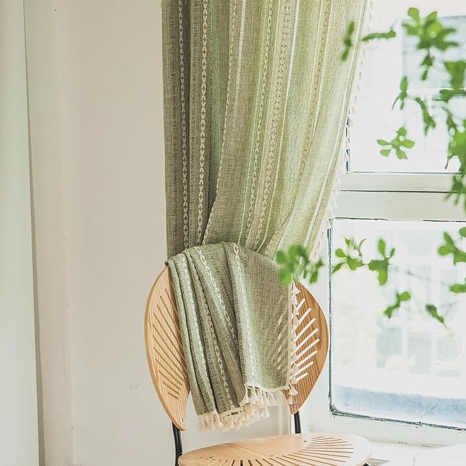 Deeprove Green Boho Curtains 63 Inches Length for Bedroom Cafe Kitchen Closet, Bohemian Chic Textured Embroidery, Vintage Handmade Tassels Christmas Decor Drape, Rod Pocket, 1 Panel W52 x L63