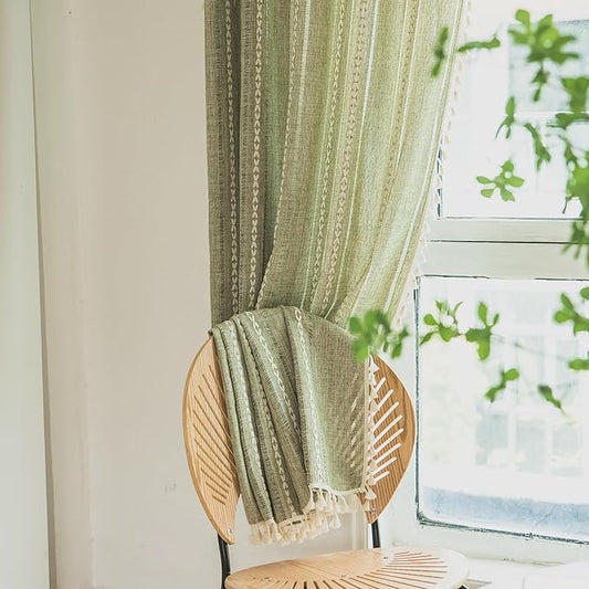 Deeprove Green Boho Curtains 96 Inches Long for Bedroom Dining Room Kitchen Closet, Bohemian Chic Textured Embroidery, Vintage Handmade Tassels Christmas Decor Drape, Rod Pocket, 1 Panel W52 x L96