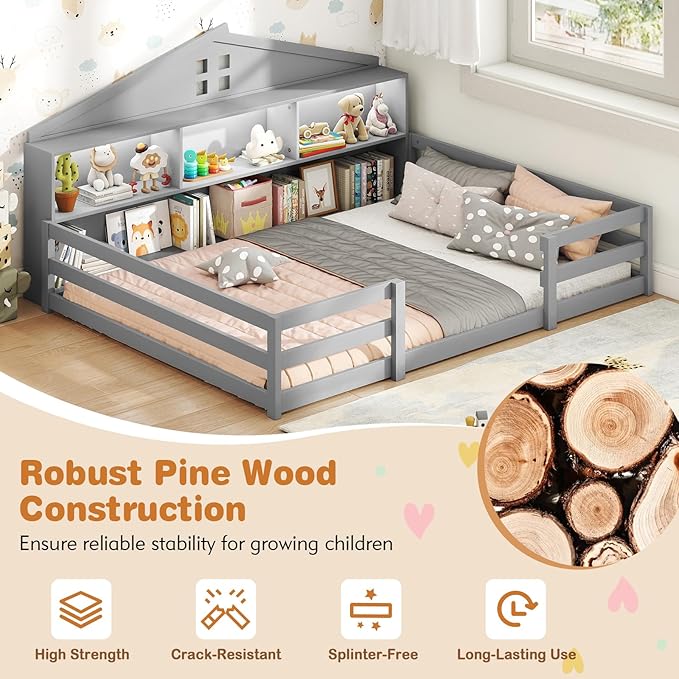 Giantex Full Size Montessori Floor Bed with LED Lights, 2-in-1 Wooden House Bed Frame with Safety Guardrails, Storage Compartments & Shelf, No Box Spring Needed, Without Slats, Gray