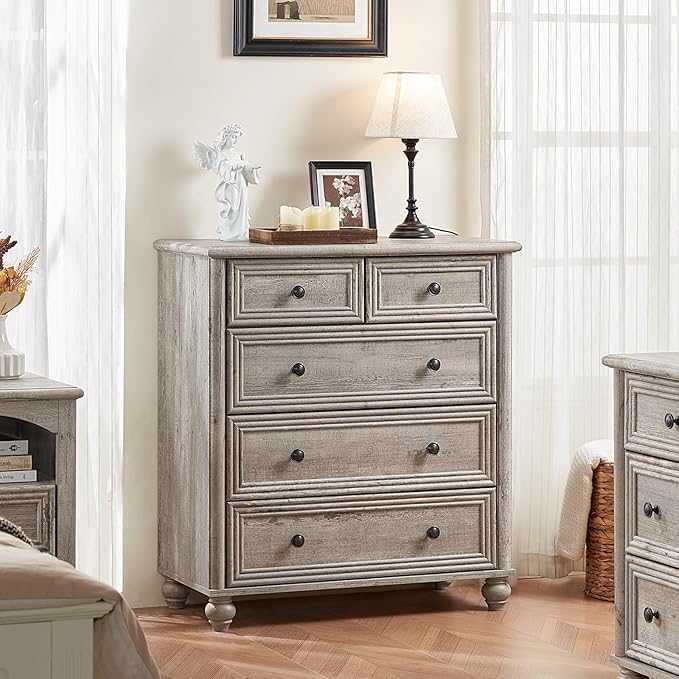 Farmhouse 5 Drawer Dresser for Bedroom, 35.5" Tall Small Dressers & Chest of Drawers, Rustic Wood Dresser with Roman Column, Storage Organizer for Living Room, Hallway, Closet (Grey)