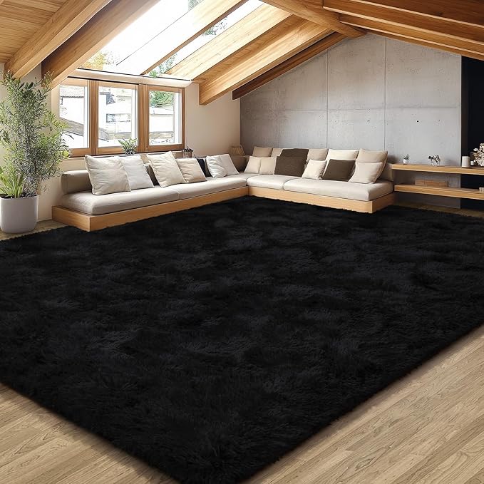 EVOIONOS 8x10 Washable Large Area Rug for Living Room, Fluffy Shag Rug for Bedroom, Ultra Soft Plush Non Slip Carpet for Indoor Floor Bedside Nursery Kids Girls Room Dorm, Home Decor Aesthetic, Black