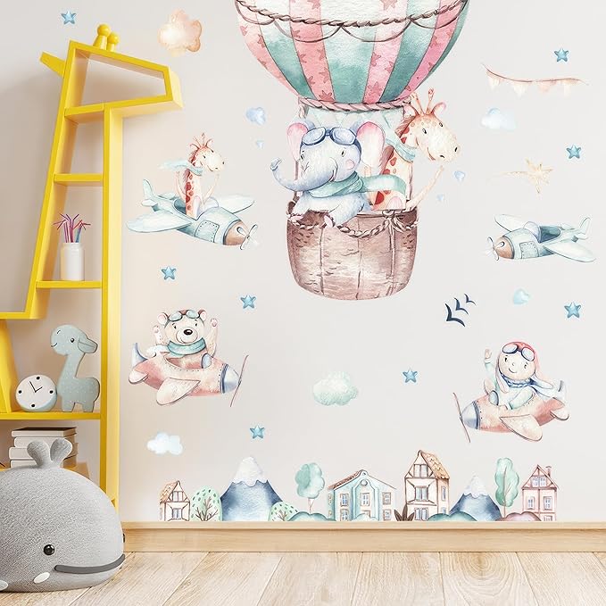 Flying Animals Wall Decals - Peel and Stick Hot Air Balloon Animals Wall Stickers, Aircrafts Decor for Baby Nursery, Toddler & Kids Bedroom Walls - Airplanes, Elephant, Giraffe, Bear