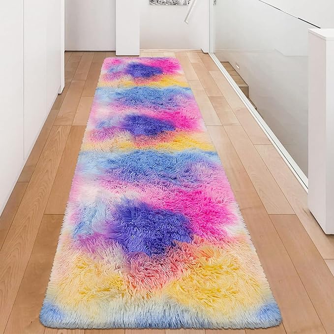 Soft Fluffy Pink Rainbow Rug for Girls Bedroom Carpet 2x8 Tie Dyed Shag Runner Fuzzy Bedside Kids Princess Rug for Girls Bedroom Living Room Hallway Nursery Kids Unicorn Home Decor