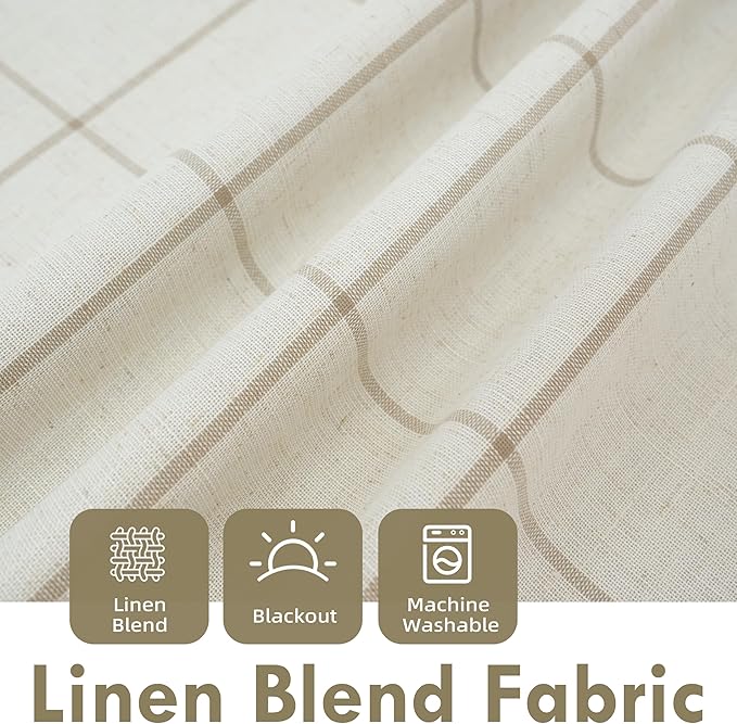 DriftAway 2 Panels 100% Blackout Windowpane Plaid Linen Curtains Double Layer Drapes for Bedroom 84 Inches Long Farmhouse Thermal Insulated 3.25 Inch Rod Pocket Back Tab for Living Room Taupe