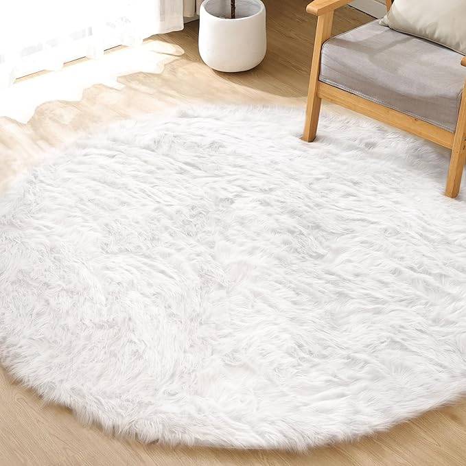White Fluffy Faux Sheepskin Washable Fur Round Rug 5ft Nursery Rugs for Bedroom Plush Boho Circle Rug for Living Room Teen Room Décor