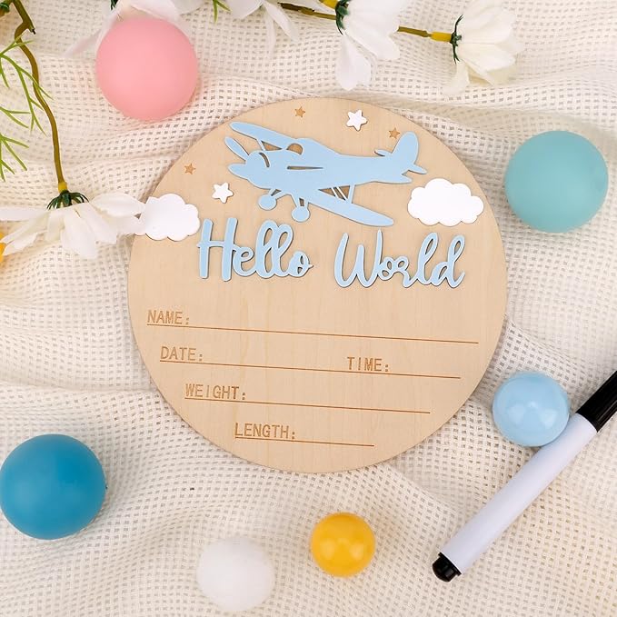 Hello World Newborn Sign with Pen, 5.9in Round Newborn Welcome Birth Name Sign Airplane and Cloud Decoration Baby Boy Girl Announcement Board for Hospital Nursery Home Decor Photo Props