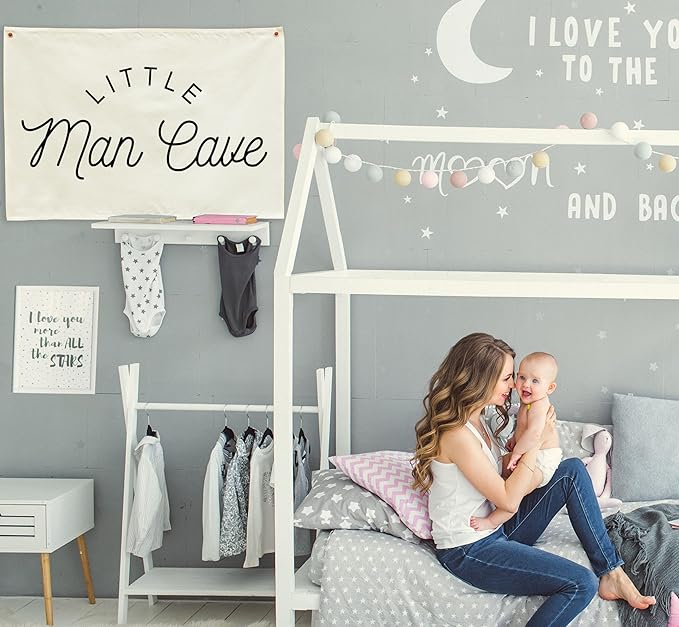 Nursery Rectangular Canvas Banner-Boho Flag Poster Wall Sign for Boys Kids Teen,Baby Room Above Crib Bedroom Home Playroom Dorm Wall Decor-Baby Shower Birthday Christmas-Little Man Cave