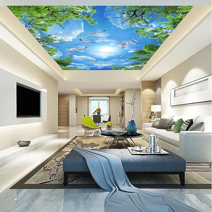 Sky Seagull Green Tree Ceiling 3D Wall Mural Wallpaper 178" x 117"