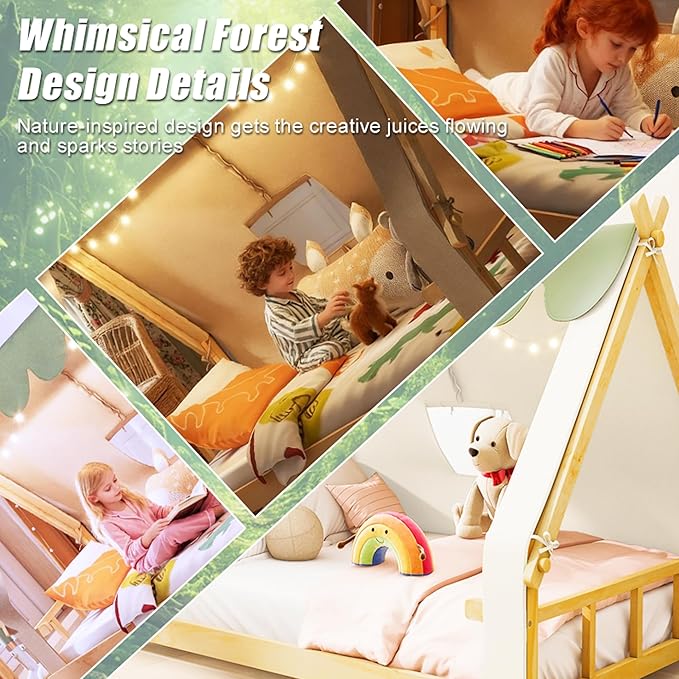 Full Size House Bed for Kids with Light and Tent, Montessori Floor Bed Full for Kids Girls Boys Teens Bedroom, White