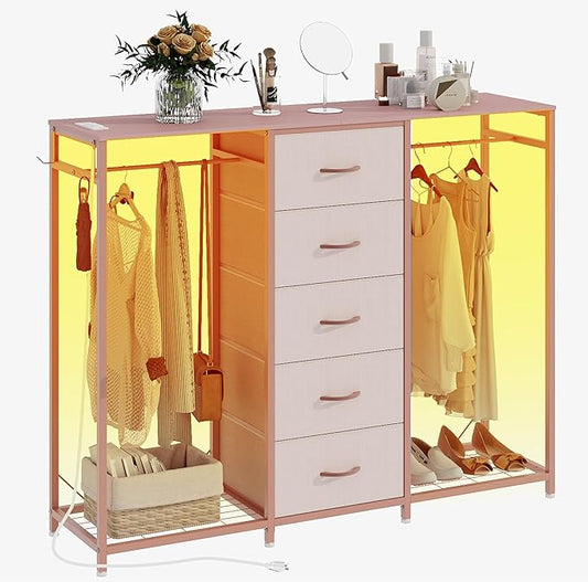 Dresser for Bedroom with Clothes Rack 5 Drawer Dresser with Charging Station LED Lights White Chest of Drawers Flexible Shelf and Open Storage Space for Bedroom Living Room (Pink)