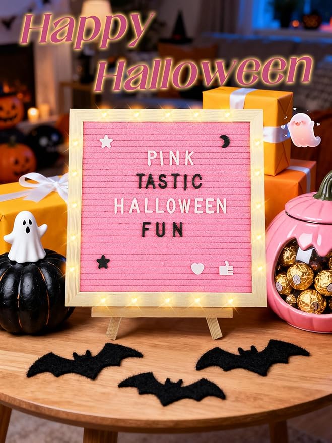 Changeable Felt Letter Board with LED Lights - 10×10" Message Custom Signs & Wood Stand & 450 Letters, Poster Board for Christmas/Pregnancy/Baby Announcement/Baby Shower/Wall Decor Gifts, Pink