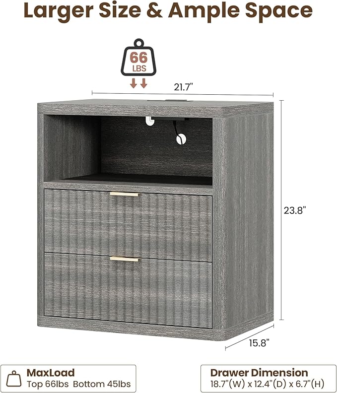 Fluted Nightstand Set of 2 with Charging Station, 21.7" Wide Modern Night Stand with 2 Drawers Open Storage Cabinet, Wooden Bedside End Table for Bedroom,Gray