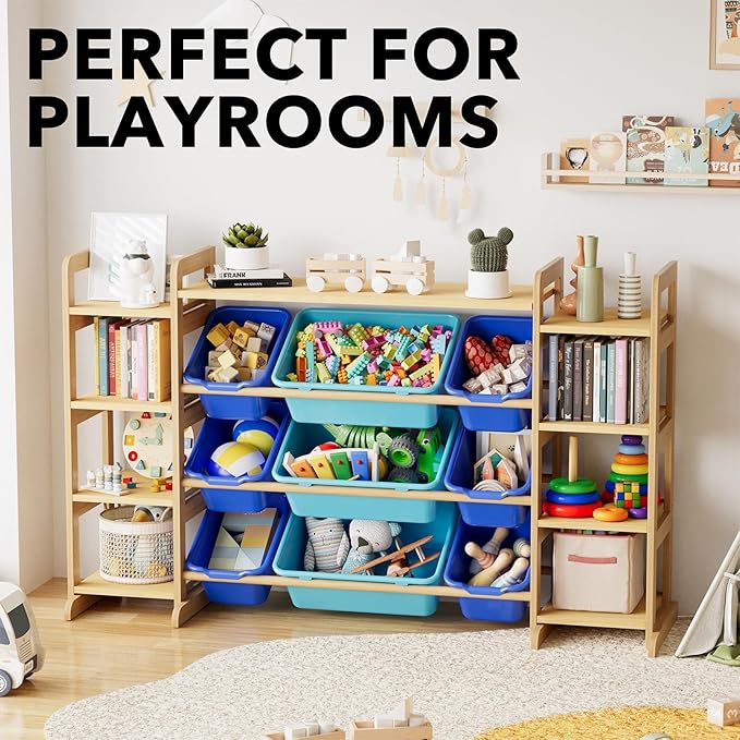 SpaceAid Large Toy Storage Organizer 9 Shelves 9 Bins, Toy Organizers Storage Bookshelf, Kids Bin Shelf Toys Box Bookcase for Bedroom Playroom Organization Room Decor, Blue and Navy Blue