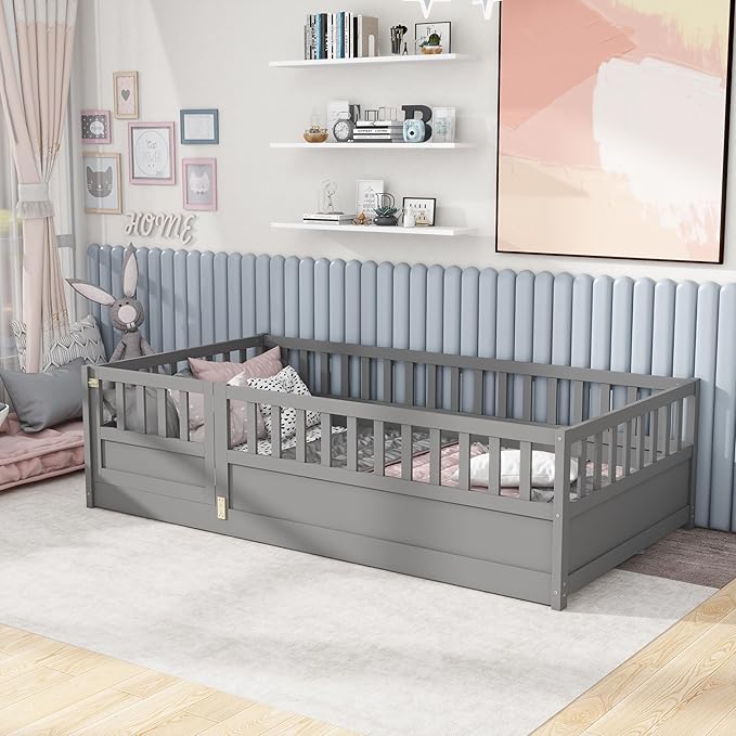 KEIKI Twin Kids Floor Bed, Montessori Kids Floor Bedframe with Fence & Door, Children's Wood Bed for Living Room, Gray