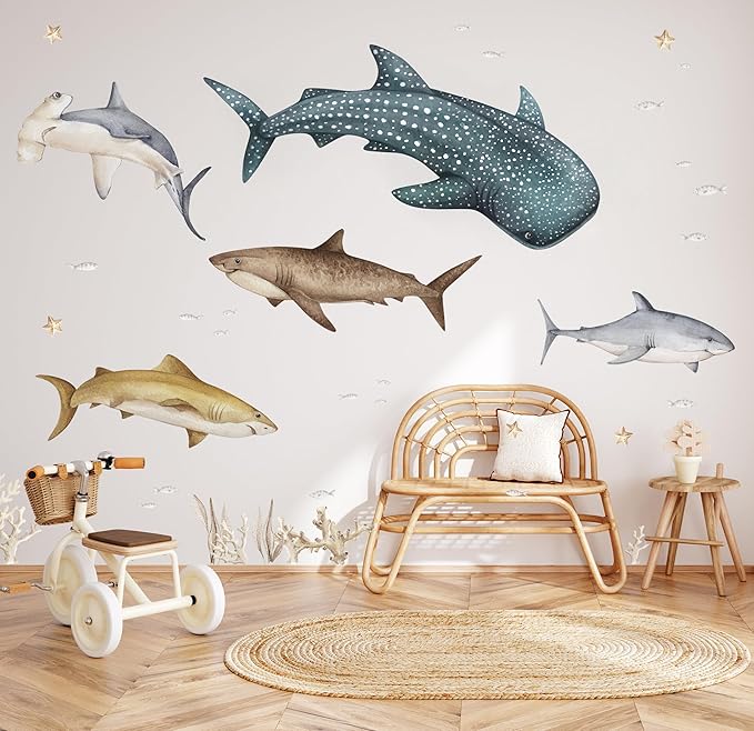 Fish Wall Stickers – Fish Decals for Coral Reef Decorations with Whale Shark, Hammerhead, and Coral, for Nursery Baby Kids Bedroom Bathroom, Small Set (30″×22″) 35 Pcs