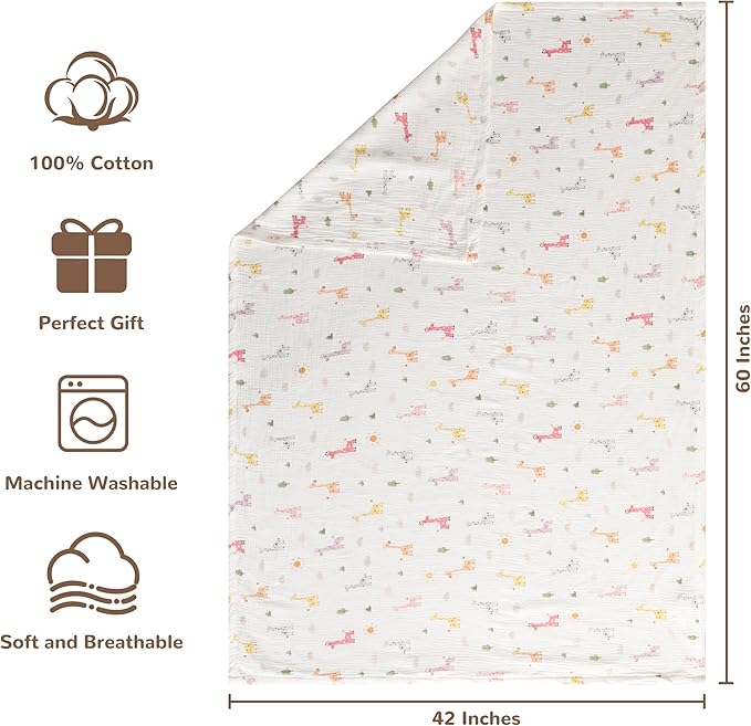 NTBAY 4 Layer Muslin Cotton Toddler Blanket, 42x60 Soft and Breathable Receiving for Newborns and Infants, Perfect for Crib, Stroller, Travel, Lightweight Nursery Blanket, Cartoon Giraffe