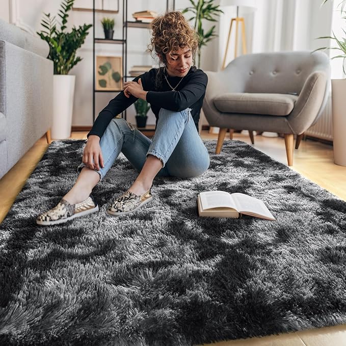 EVOIONOS Area Rug for Bedroom Living Room, Machine Washable 4x6 Fluffy Shag Rug, Soft Plush Non Slip Carpet for Indoor Floor Bedside Nursery Kids Room, Dorm, Home Decor Aesthetic, Tie-Dyed Dark Grey