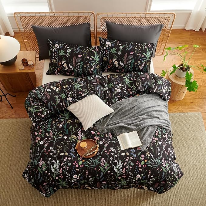 Floral Duvet Cover Twin Black 2 Pieces Elegant Botanical Flower Bedding Set Farmhosue Aesthetic Bedding Soft Microfiber Duvet Cover Set with 1 Pillowcase