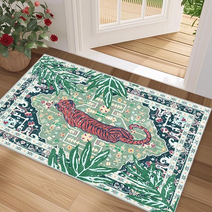 Door Mat Indoor Entrance 2x3 Rug Washable Non-Slip Green Tiger Rug for Bathroom Kitchen Entryway Animal Cheetah Print Jungle Rug Boho Vintage Soft Cozy Tropical Woodland Carpet