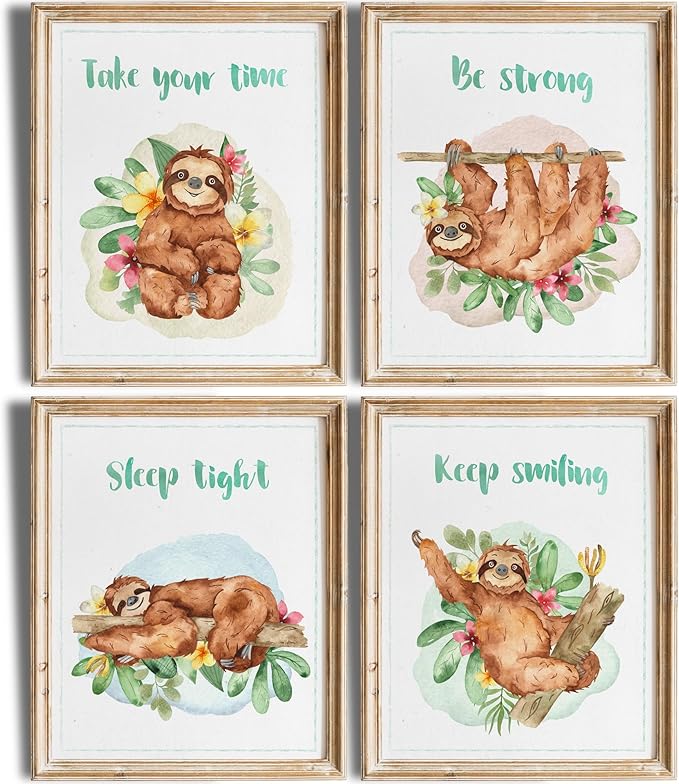 Sloth Art Prints (Set of 4) - Unframed - 8x10s | Perfect for Adding a Touch of Whimsy to Your Living Room, Bedroom, or Nursery | Ideal Wall Decor for Animal Lovers and Fans of Cute, Laid-back Decor