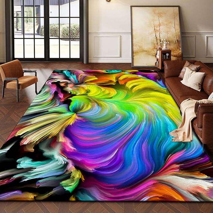 Abstract Ink Area Rugs3x5ft Modern Style Art Multicolor Paint Background Rug,Colorful Aurora Color Swirl Watercolor Wave Mats,Home Decor Machine Washable Carpet
