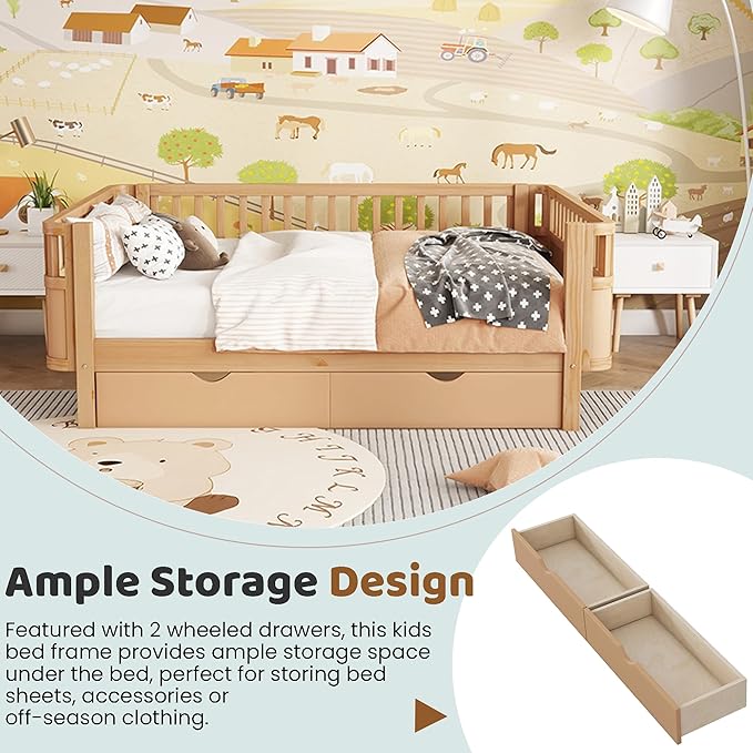 Full Size Kids Bed Frame with Rails, Wood Montessori Bed Full with 2 Storage Drawers &Slats Support, Modern Daybed with Removable Bed Rails for Girls Boys Bedroom Living Room, Natural
