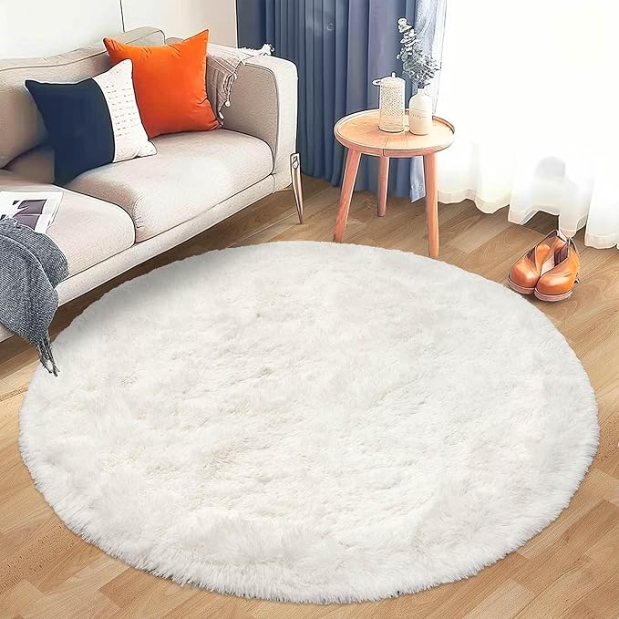 Round Cream Fluffy Rug - 3FT Super Soft Circle Rug for Kids & Nursery - Shaggy Plush Fuzzy Carpet for Boys & Girls Rooms