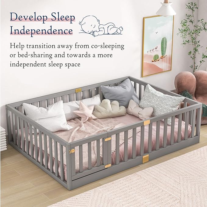 Tatub Full Montessori Floor Bed with High Rails, Solid Wood Montessori Bed Frame for Kids, Door Can Install Left and Right, Full-Grey