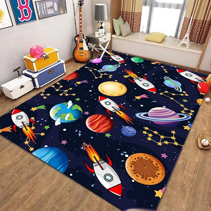 Outer Space Themed Rug,5x8ft,with Cartoon Planets,Stars and Rocket Design Rugs, Suitable for Playroom Bedroom Printed Rug, Non-Slip Machine Washable Carpet, Children's Room Decor
