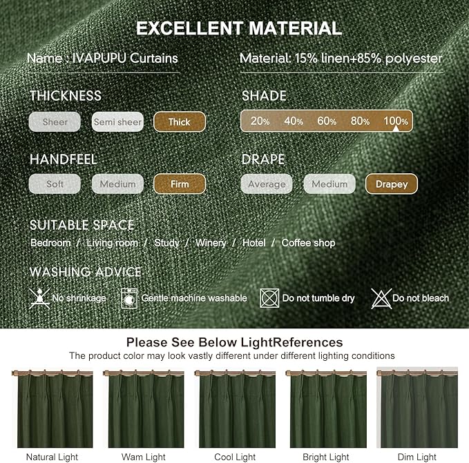 IVAPUPU Linen Pinch Pleated 100% Blackout Curtains for Bedroom - 2 Pages Black Out Green Curtains 108 Inch Long 2 Panel for Living Room Darkening Thermal Window Curtain Drapes with 16pc Hooks
