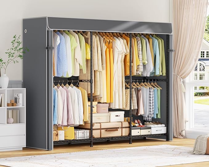 E14C Heavy Duty Closet Organizer System，Freestanding Clothing Racks for Hanging Clothes，Adjustable Garment Rack 70.1" W × 16.6" D × 76.4" H Hold 960 lbs，Black Rack with Grey Dustproof Cover