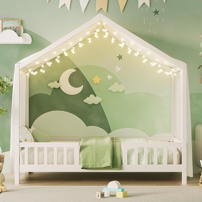 Montessori Floor Bed with Canopy, High Railings and Roof, Twin Size Wood House Bed Frame for Kids Bedroom (White/C2)