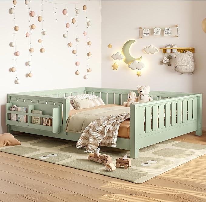 Bellemave Full Size Floor Bed with Slats and Safety Guardrail, Full Size Montessori Floor Bed with Fence and Built-in Bookshelf, Easy Assemble Montessori Beds for Kids, Girls, Boys, Green