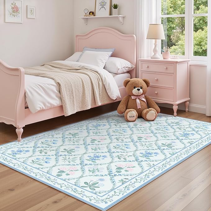 3x5 Baby Nursery Rug, Boho Blue Floral Area Rugs Machine Washable, Soft Ultra-Thin Botanical Carpet Non Slip for Girls Room Bedroom Entryway Playroom Living Room,Blue Multi