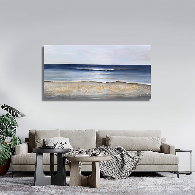 Yuaxker Ocean Wall Art Blue and Gold Modern Minimalist Wall Decor Sea Wave and Beaches Canvas Painting for Living Room Bedroom Dinning Room Home Office Home Decor 24x48 inch
