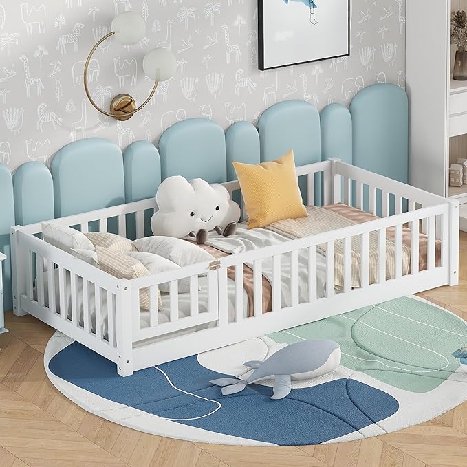 Bellemave Twin Size Floor Bed Frame with Fence and Door for Kids, Montessori Floor Bed with Slats and Safety Guardrails,Solid Wood Twin Bed Frame for Girls Boys,White