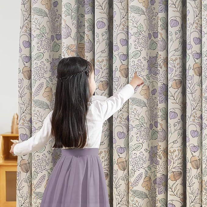 Vangao Purple Nursery Curtains for Girls Room Floral Blackout Dorm Curtains 84 Inch Length Farmhouse Drapes for Bedroom Room Darkening Flower Patterned Window Treatment for Kids Set of 2