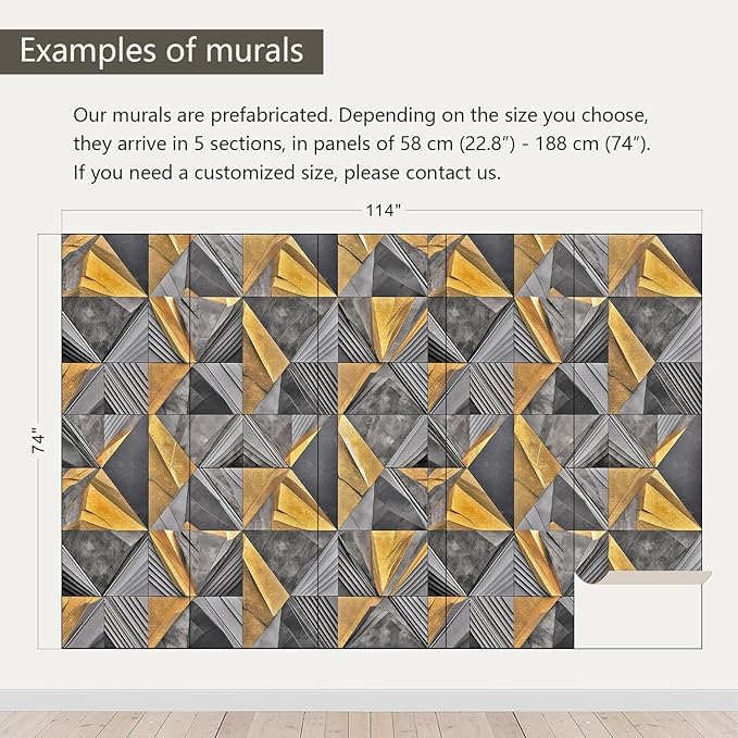 AFZEVEB-3D Geometric Wall Mural Gray and Gold Wallpaper for Bedroom 114"x74"(Not Peel and Stick)