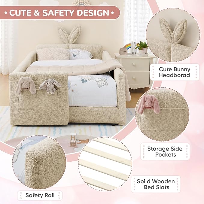 Twin Size Kids Bed with Rabbit Ear Headboard, Upholstered Boucle Fabric Twin Daybed with Slats Support & Side Pockets, Space-Saving Wooden Corner Sofa Couch Bed Frame, for Girls, Boys, Teenager(Camel)