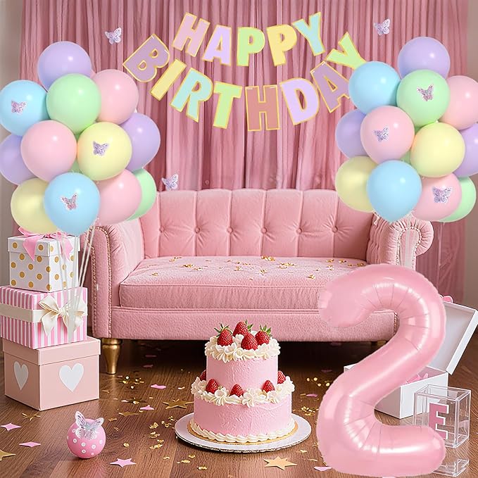 Pastel 2nd Birthday Decorations for Girl -12 inch Pastel Balloons, 40 Inch Pink 2 Balloon,3D Butterflies Stickers, Happy Birthday Banner for Baby Girl 2 Year Old BD Party Decorations