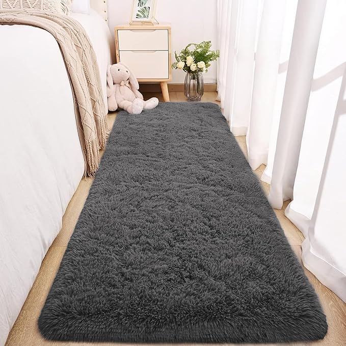Merelax Soft Runner Rugs for Bedroom Living Room, 2x6 Feet Non Slip Plush Fluffy Long Rug for Hallway, Shag Furry Washable Area Rug for Bedside Nursery Kids Room Home Decor Carpet, Dark Grey